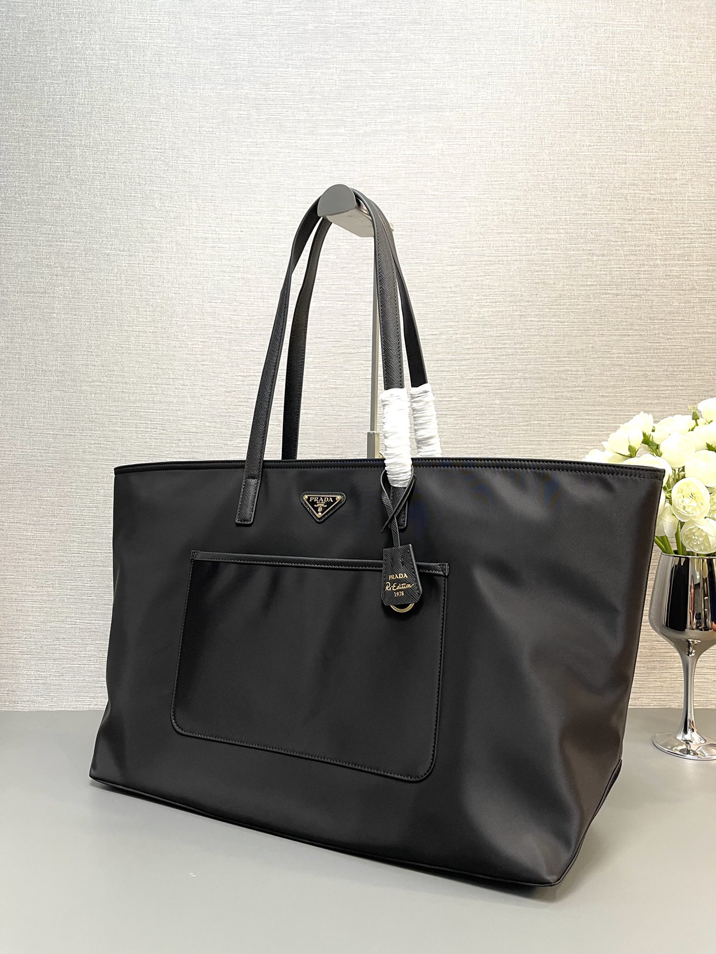 Prada Large Re Edition 1978 Re Nylon And Saffiano Leather Tote Bag Black 1BG527